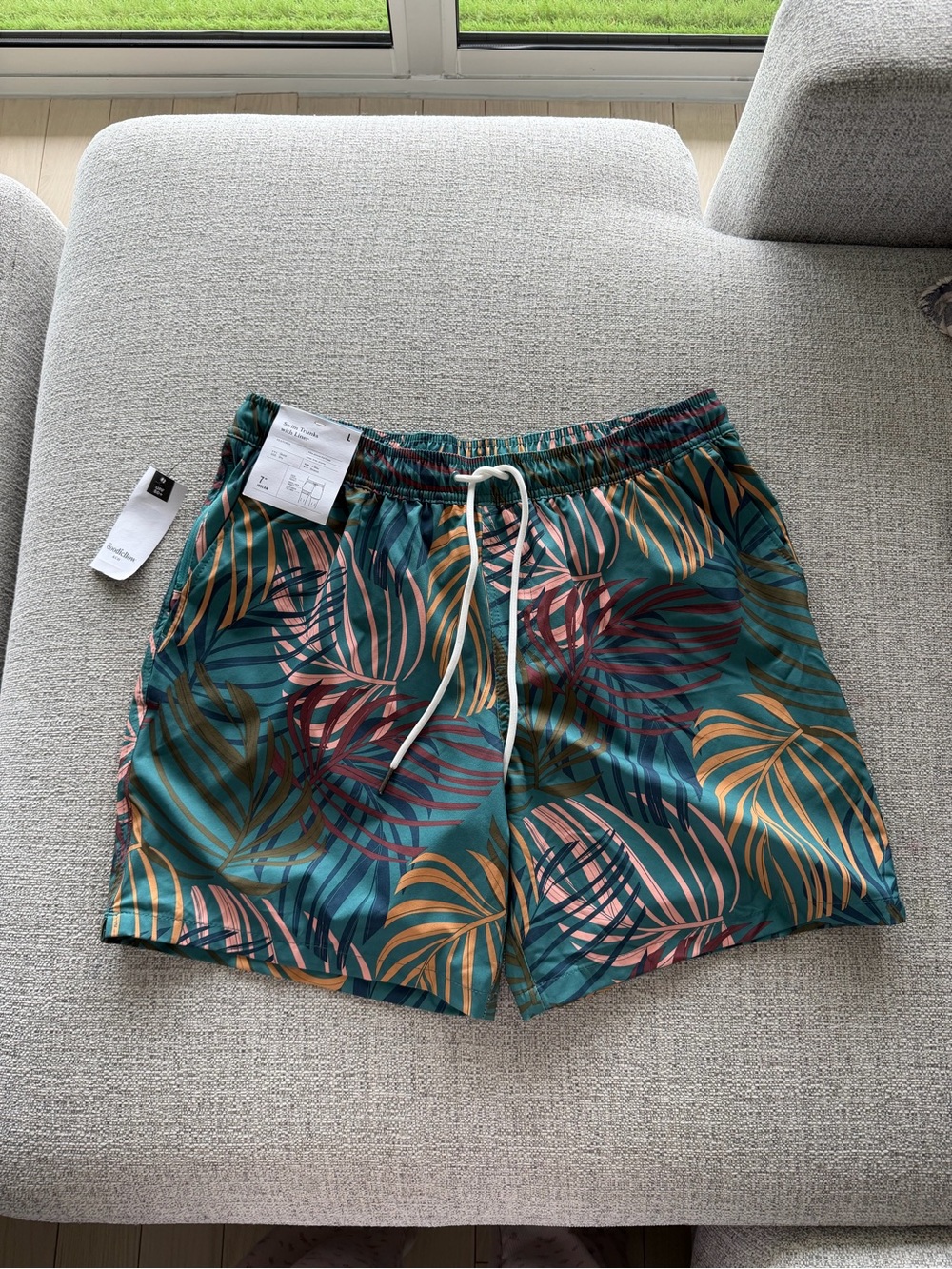 Goodfellow & Co Teal Tropical Leaf Swim Trunks with White Drawstring